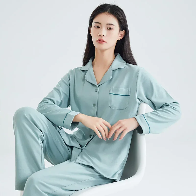 

Green Cotton Pajama for Women PJ Full Sleeves Homewear Pijama Mujer Invierno Fine Cotton Sleepwear 2PCS Pyjama Femme Home Cloth