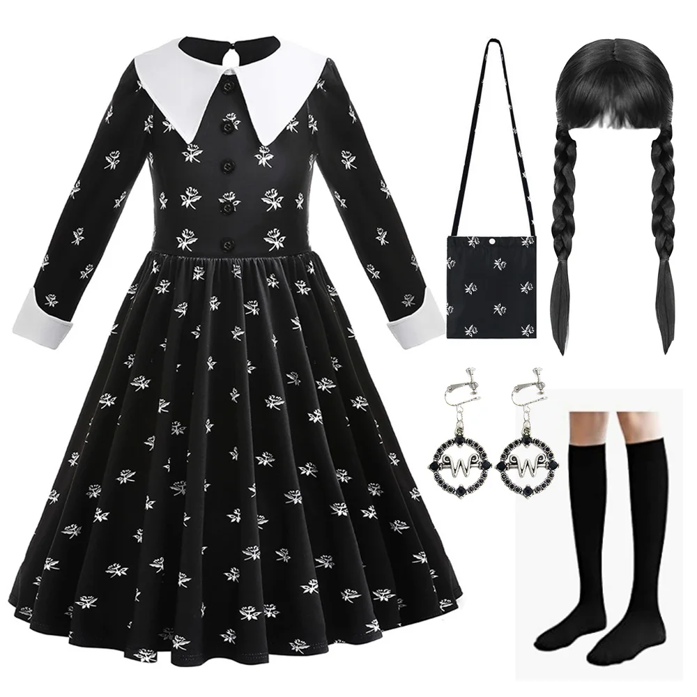 Wednesday Addams Cosplay For Girl Costume 2023 New Vestidos For Kids Girls Mesh Party Dresses Carnival Costumes 3-10 Years Old