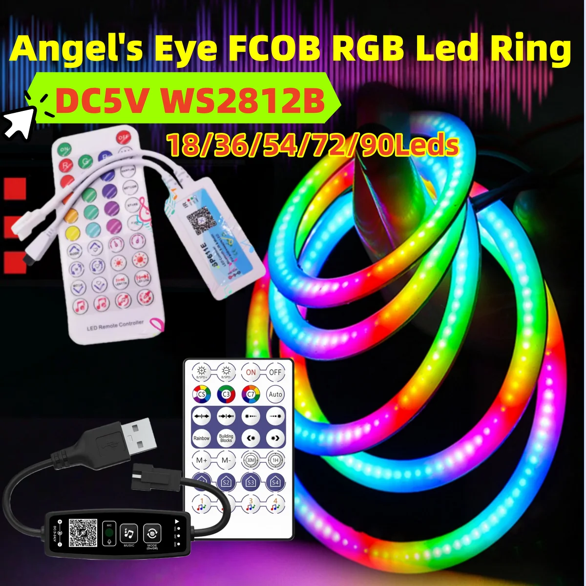 Фото Светодиодное кольцо Angel's Eye DC5V WS2812 FCOB RGB с 18/36/54/72/90 светодиодами, индивидуально адресуемые, контроллер LED с 28 клавишами / SP611e Bluetooth APP №1