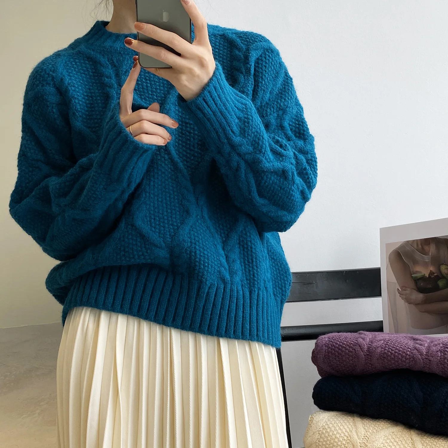 

Twisted Knitted Sweater Women O-Neck Vintage Jumpers Long Sleeve Casual Knitwear Pullovers Thicken Oversized Outwear M702