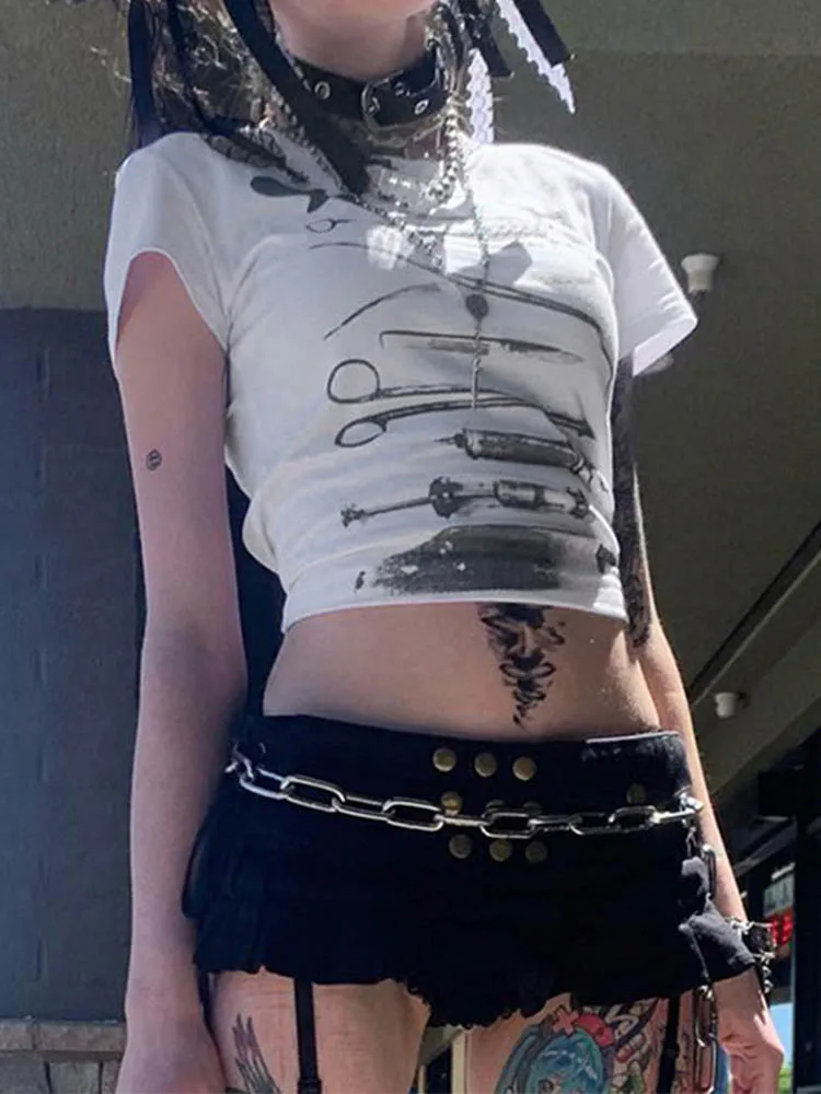 Dark Printed Cropped T Shiirt Gothic Casual Slim O-Neck Short Sleeve Tees Women 2024 Summer Fashion Streetwear Ladies