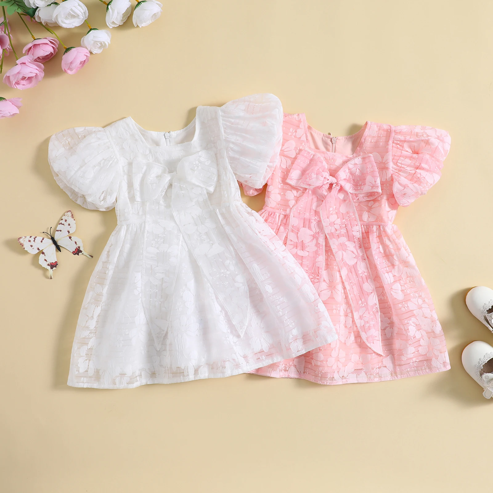 

Toddler Baby's Clothes Kids Girl’s Dress Short Sleeve Crew Neck Bowknot Flower Print Summer A-line Dress Children's Clothing