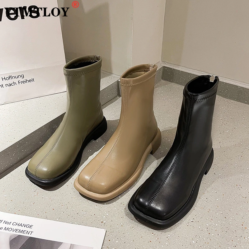 

Женские ботильоны на низком блочном каблуке, весенние женские ботинки челси с круглым носком и молнией сзади, высококачественные короткие ...