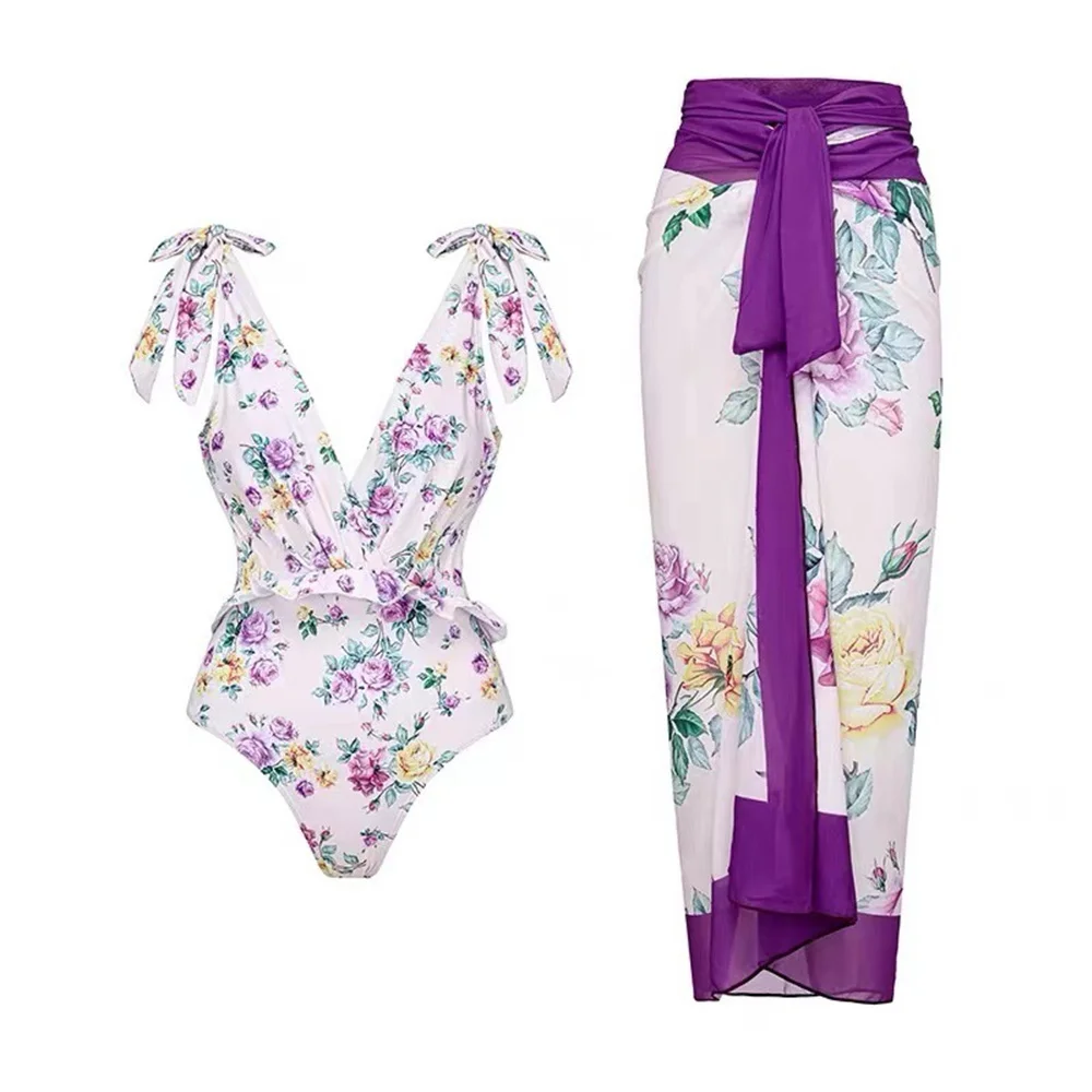 Купи 2023 New Fashion One Piece Swimsuit and Skirt Women BowKnot Swimwear Braziilian Retro Monokini Floral Print Bathing Suit Summer за 1,039 рублей в магазине AliExpress