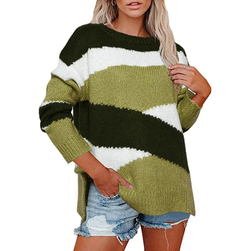 

Women Autumn Long Sleeve O-Neck Sweater Color Block Geometric Cross Striped Tunic Tops Side Split Casual Loose Pullover Jumper