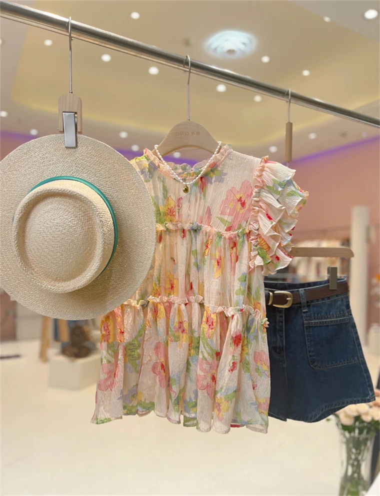 2024 женские летние шифоновые рубашки корейская модная блузка с принтом свободные