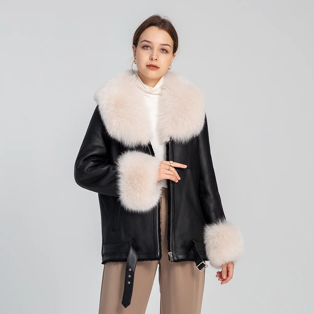 Women's Real Sheepskin Shearling Coat Genuine Lamb Fur Leather Coat Real Fox Collar Double Face Jacket Winter S3625