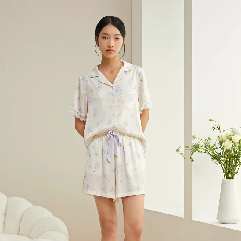 Pajamas for Women's Summer Thin Loose and Comfortable Short-sleeved Shorts Home Service Cardigan High-end Can Be Worn Outside