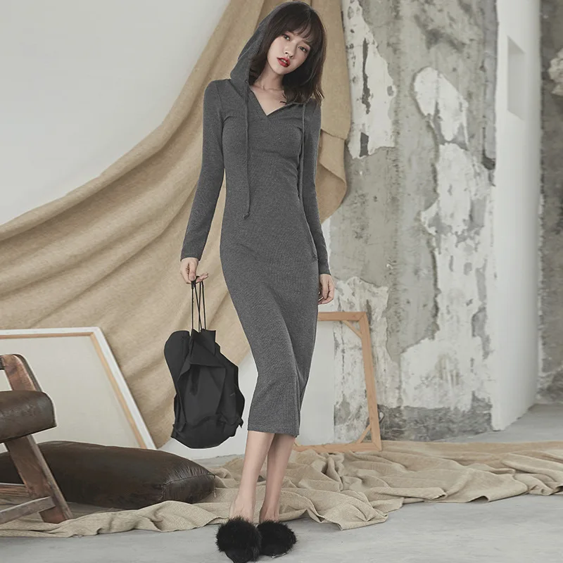 

Pullover Solid Long Sweater Women Autumn New 2022 Long-sleeved Hooded Slim-fit Over-the-knee Dress Fashion All-match Concise