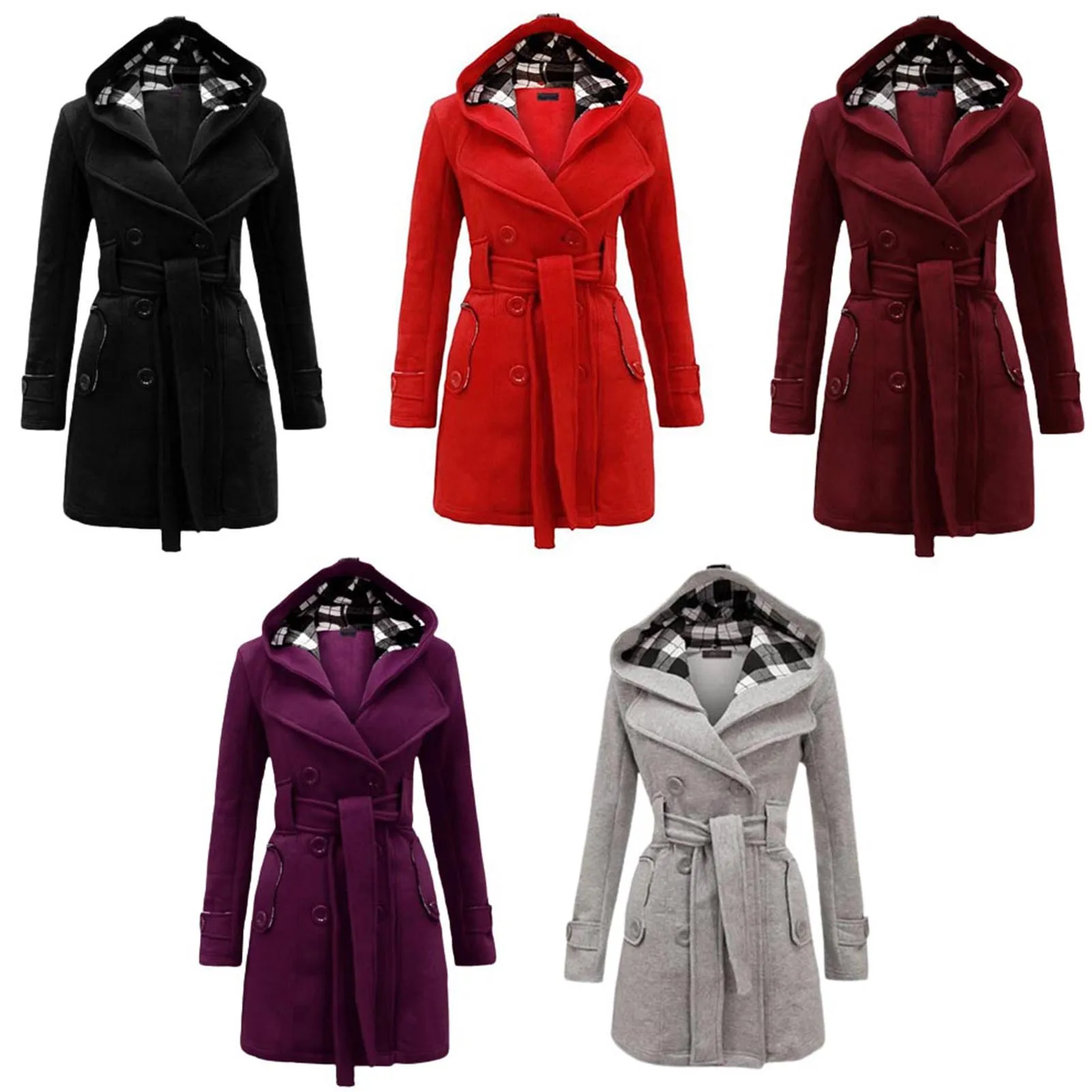 

Women's Hoodie Pea Coat Double Breasted Winter Felt Long Jacket with Waist Belt Long Sleeve S-L Long Overcoats Solid Color H9