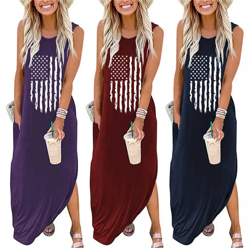 

Summer new cotton dress flag loose vintage fashion crewneck sleeveless vest long skirt print