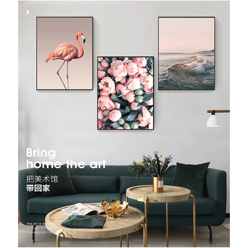 

Nordic Canvas Painting Romantic Flamingo Rose Sea Wave Print Animal Painting Modern Wall Art Home Decor
