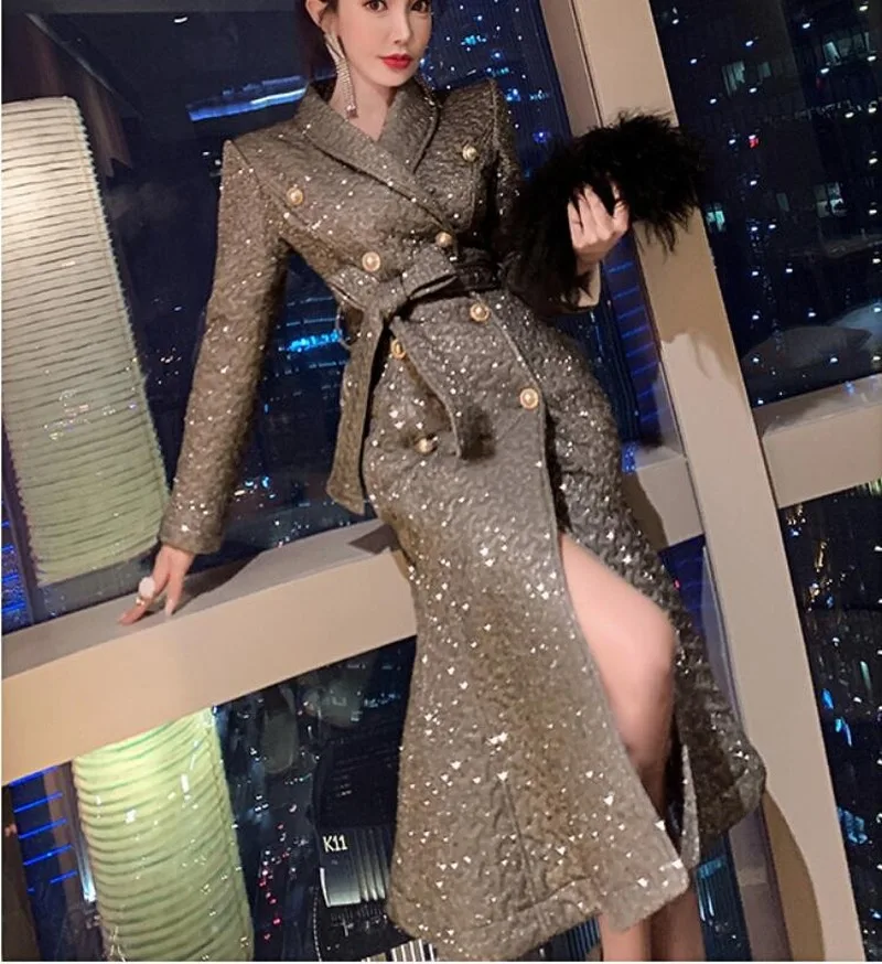 Women New Lapel Cotton Double-breasted Lace-up Jacket Long-sleeved Popular Sequined Mermaid Long Jacket 2022 Autumn and Winter