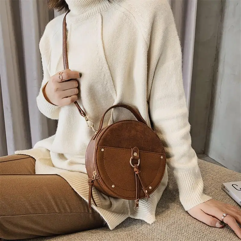 

Vintage Scrub Leather Round Designer Crossbody Bag For Women 2022 PU Leather Shoulder Bags Ladies Small Handbags Mini Tote Bag
