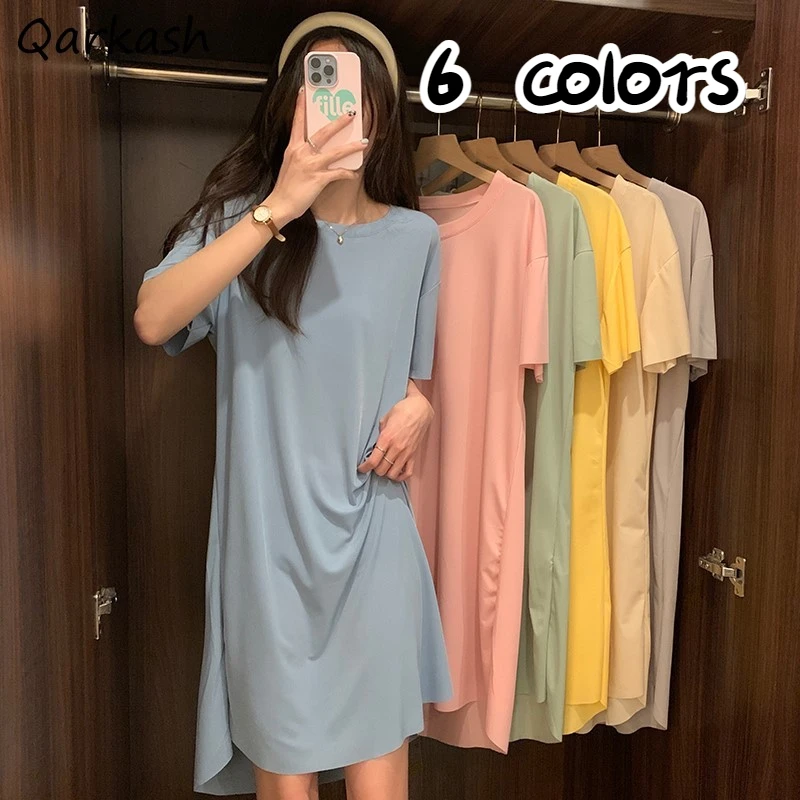 

6 Colors Nightgowns Women Solid O-neck Knee-length Fashion Home Sleepwear Night Korean Style Females Sweet Lovely Summer Chic