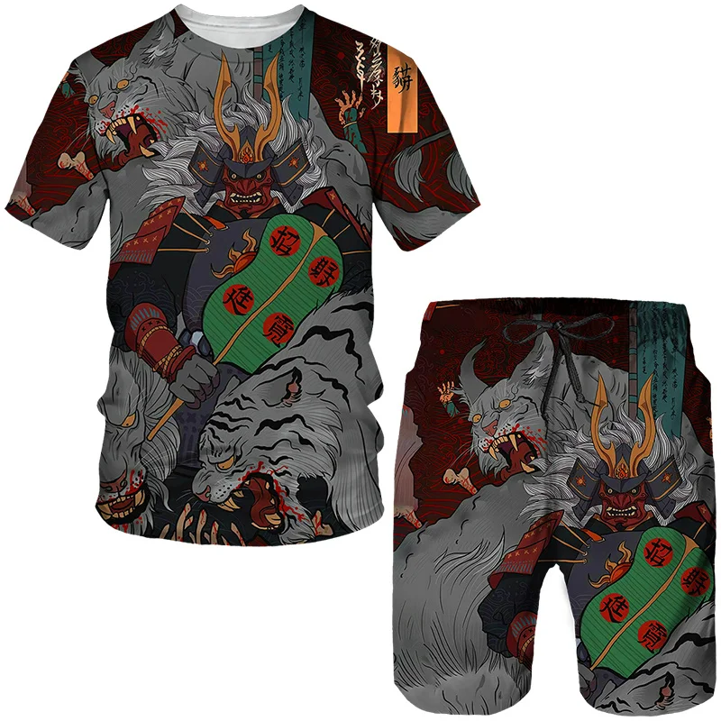 Vintage Oriental Dragon God 3D Print Men's Tees/Shorts/Sets Japanese Samurai Tattoo Outfit Fashion Male Streetwear Clothing Suit