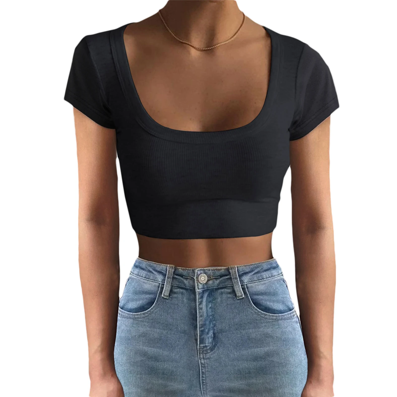 

Women Basic Short Sleeve Tee Shirt Casual Square Neck Summer Slim Fit Crop Tops