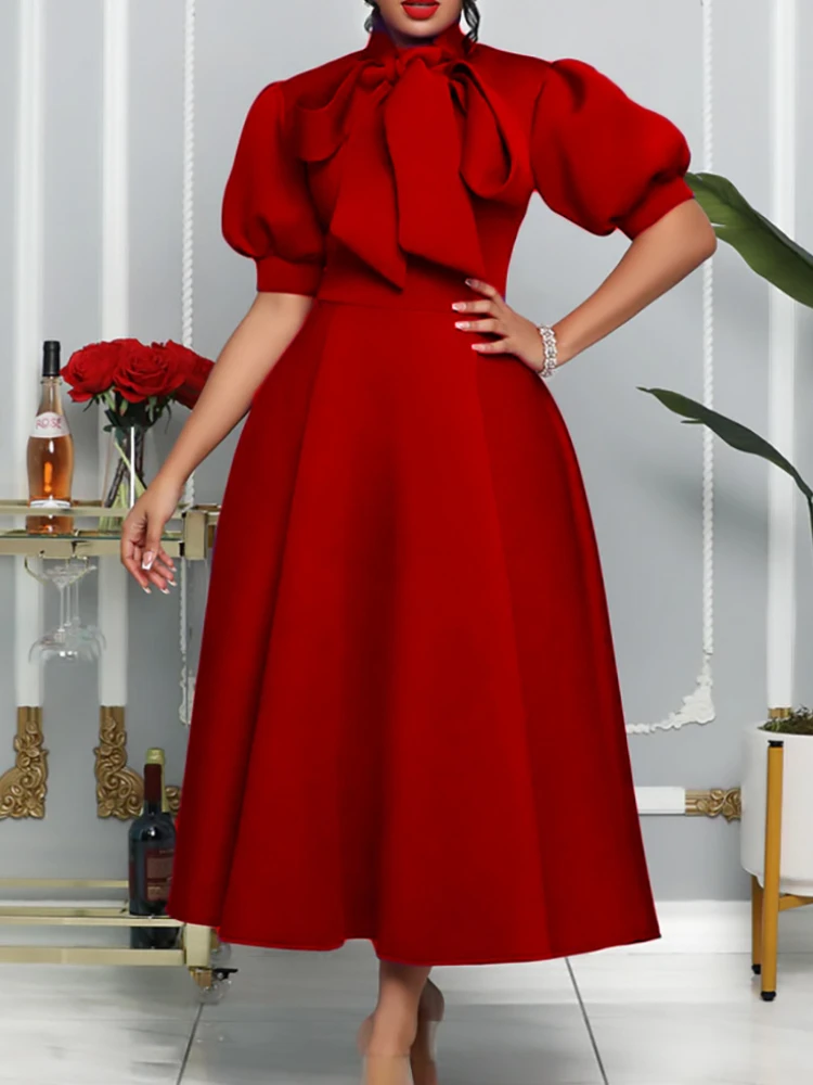 Large size women's summer new bow celebrity solid color banquet dress skirt short sleeve plus size dresses