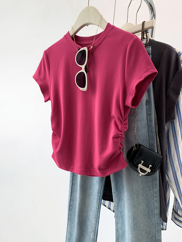 Женская летняя Однотонная футболка с коротким рукавом новинка 2024 Повседневная