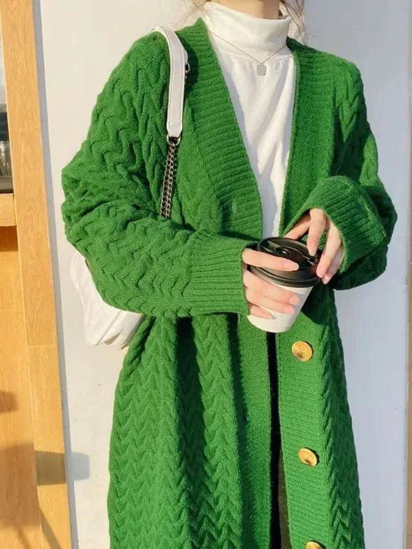 

Coat Woman Winter 2023 Green Knit Cardigan Vintage Loose Leisure Long Fashion Thick Dress Sweater Warm Jacket Oversized Cardigan