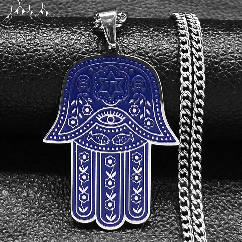 

Hamsa Hand Chai Star of David Necklace Women Silver Color Stainless Steel Flower Evil Eyes Necklaces Ethnic Jewelry Women N3356S
