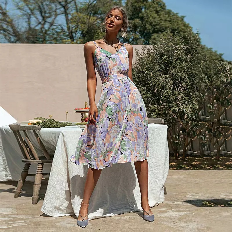 

V-neck holiday pleated print summer dress women Spaghetti strap floral sexy beach sundress Casual female fashion vestido
