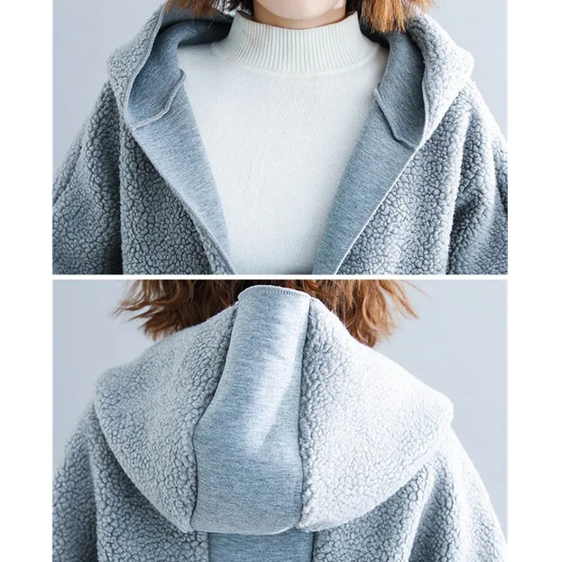 New Autumn Winter Coat Women  lambswool Jacket Hooded Long Loose Slim Big Pocket Solid Outerwear Female Clothing