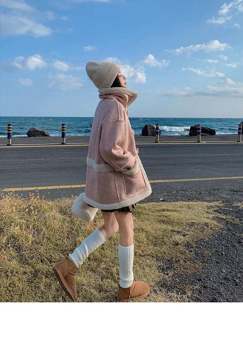 2024 зимняя новая замшевая шуба с роговими пуговицами интегрированная кофейного