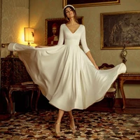 simple v neck satin short wedding dresses three quarter sleeve white bridal gown plain a line tea length civil vestidos de novia