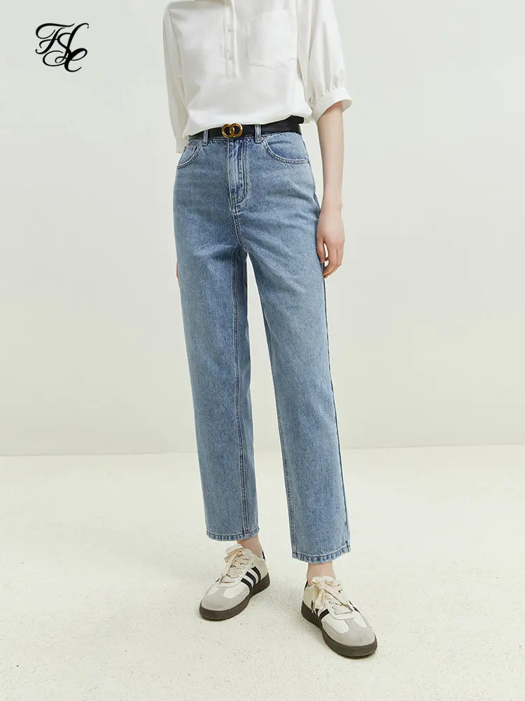 

FSLE Light Blue High Waisted Straight Leg Jeans For Women's 2023 New Loose Fitting Smoke Pipe Pants For Women Casual Loose