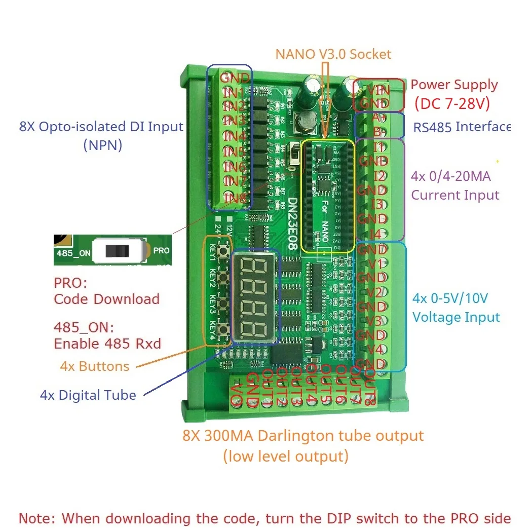 8AI-8DI-8DO Многофункциональный модуль расширения ввода-вывода для ARDUINO NANO V3.0 RS485 Modbus