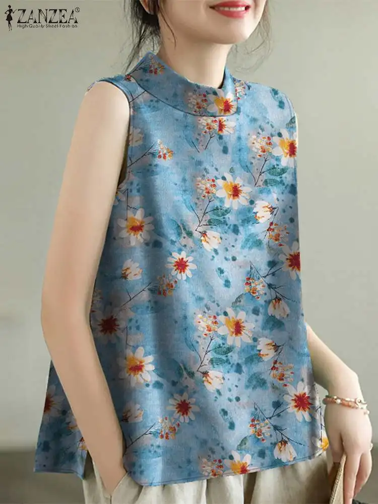 Блузка ZANZEA женская без рукавов пикантный модный Свободный Топ с принтом
