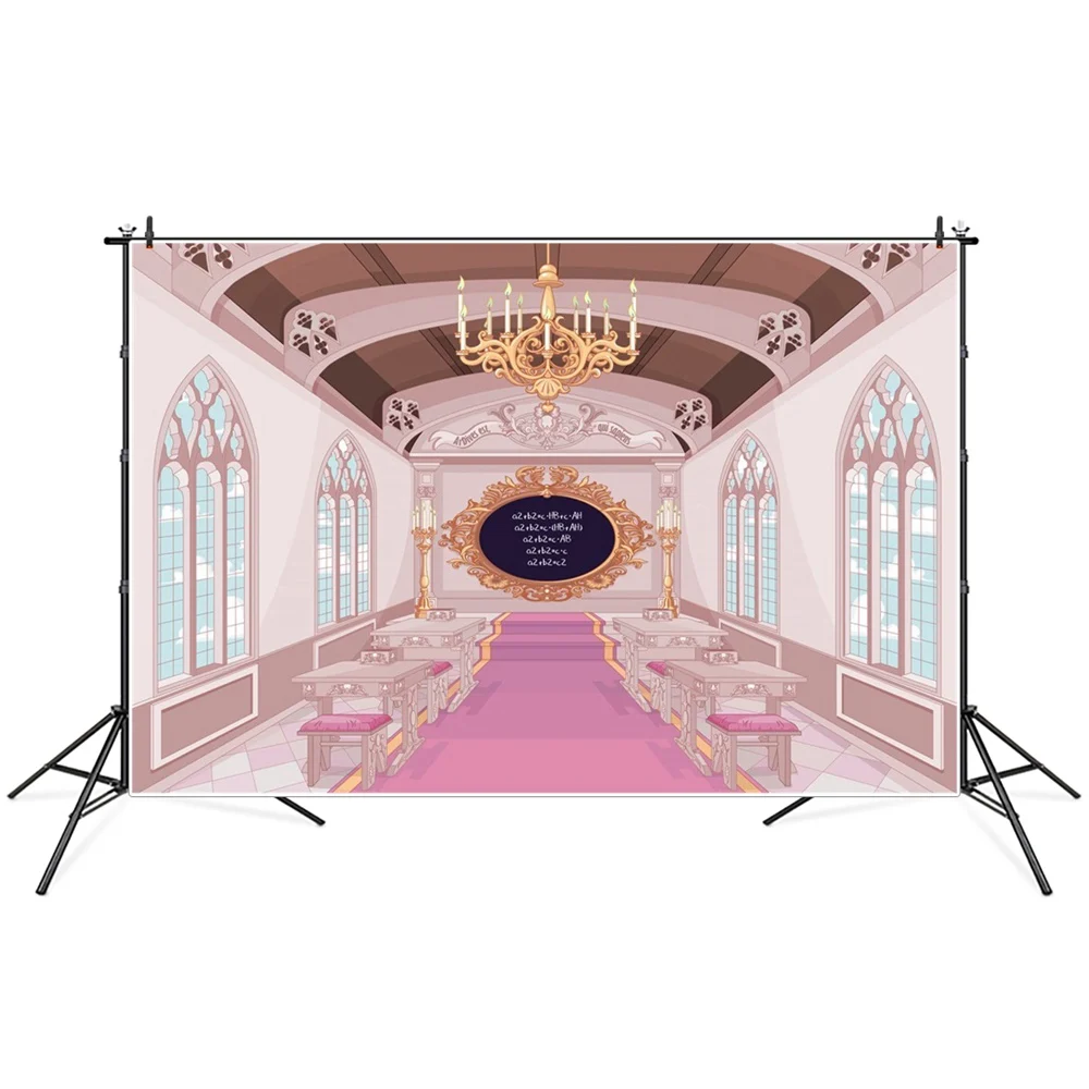 

Cartoon Palace Castle Photography Backgrounds Kid Hall Pink Carpet Arched Window Candle Princess Portrait Photographic Backdrops