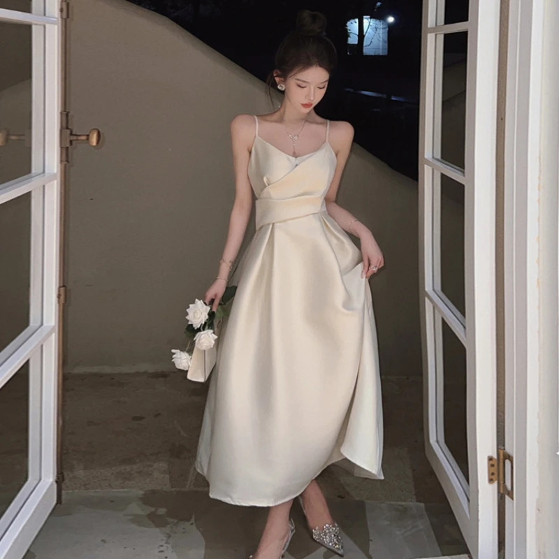 

Spaghetti Strap Dress French Style White Satin Sling Sleeveless Formal Occasion Dresses Elegant Party Dresses for Women 2023 New