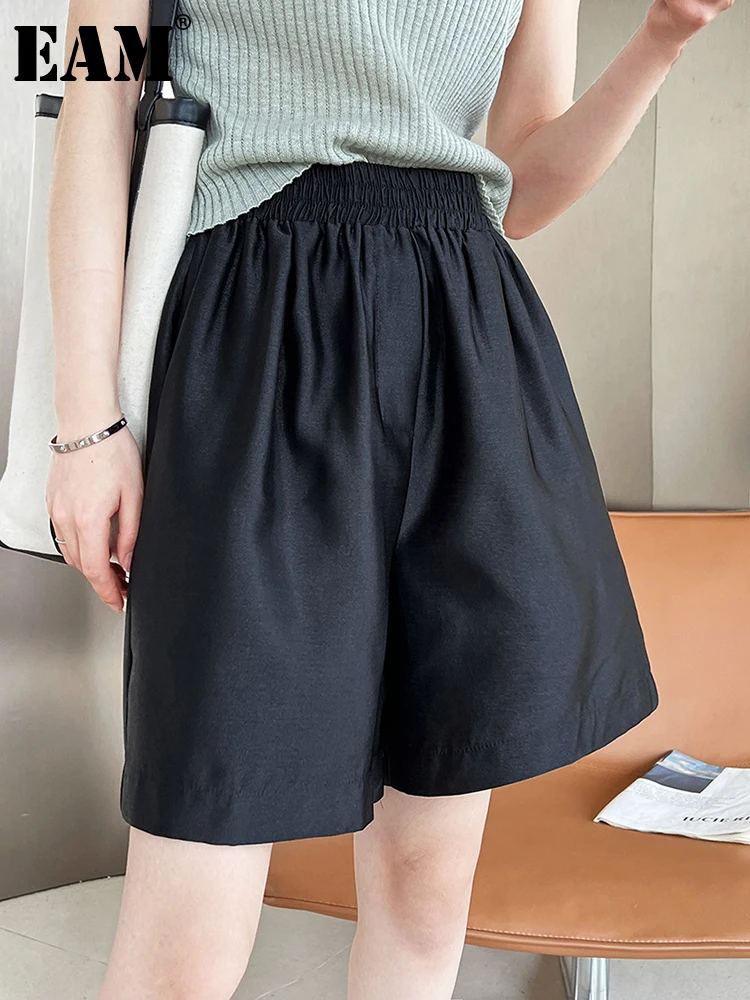 

[EAM] Women Black Casual Soft Wide Leg Shorts New High Waist Loose Fit Trousers Fashion Tide Spring Summer 2023 1DF9437