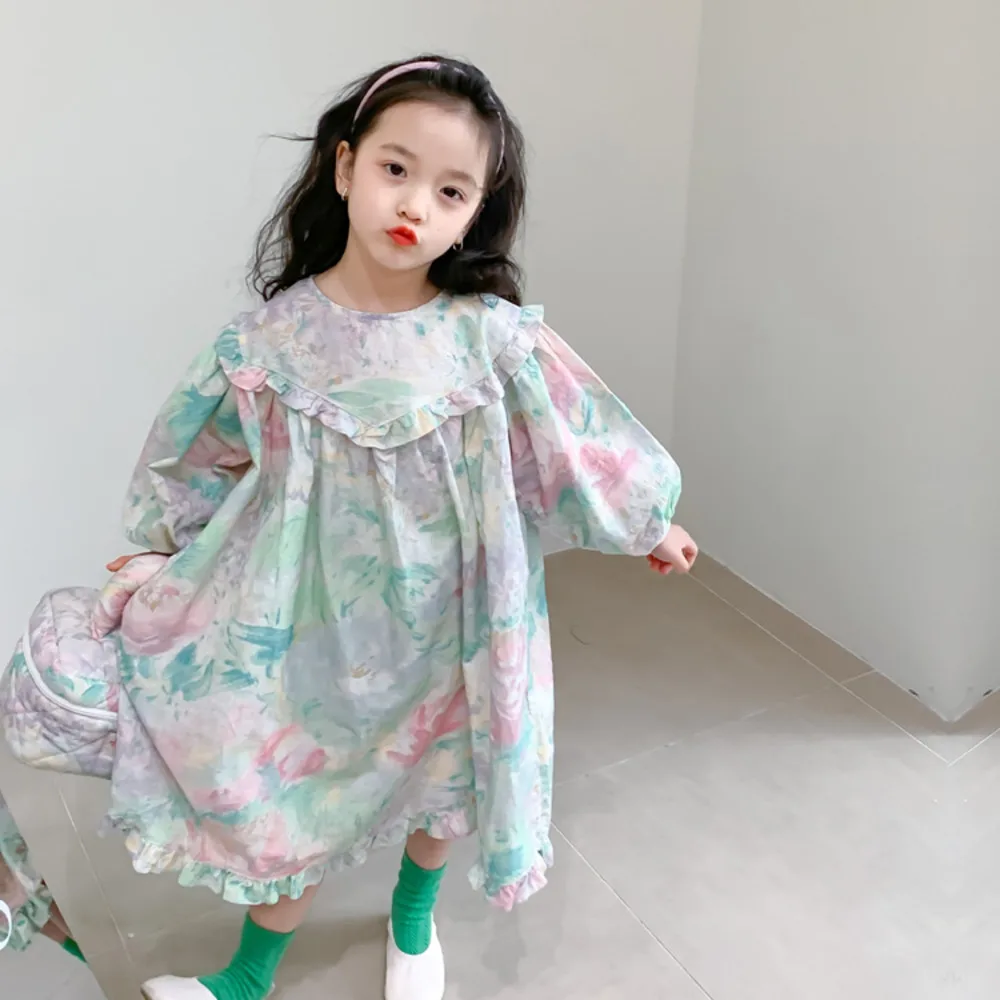 

Детское Пышное скромное французское платье, Новинка лета 2022, корейские платья с цветами для девочек, одежда для маленьких девочек, Детский к...