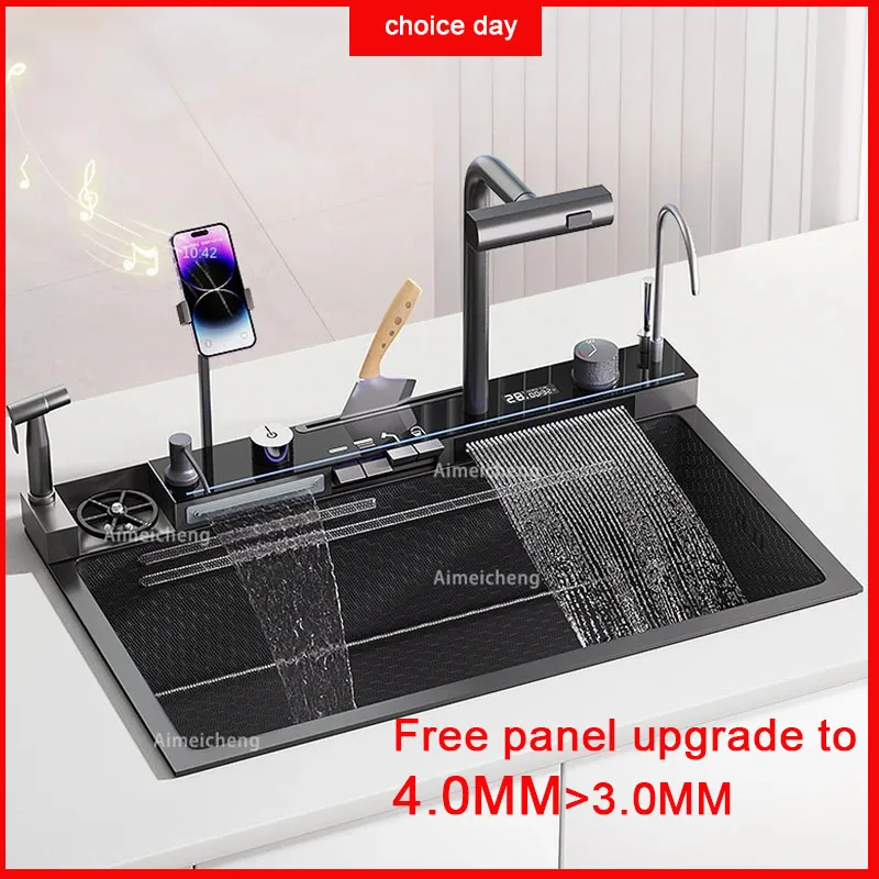 najnowszy zlewozmywak kuchenny ze stali nierdzewnej wytłoczony duży pojedynczy otwór z kranem wodospadowym wielofunkcyjna umywalka nad blatem