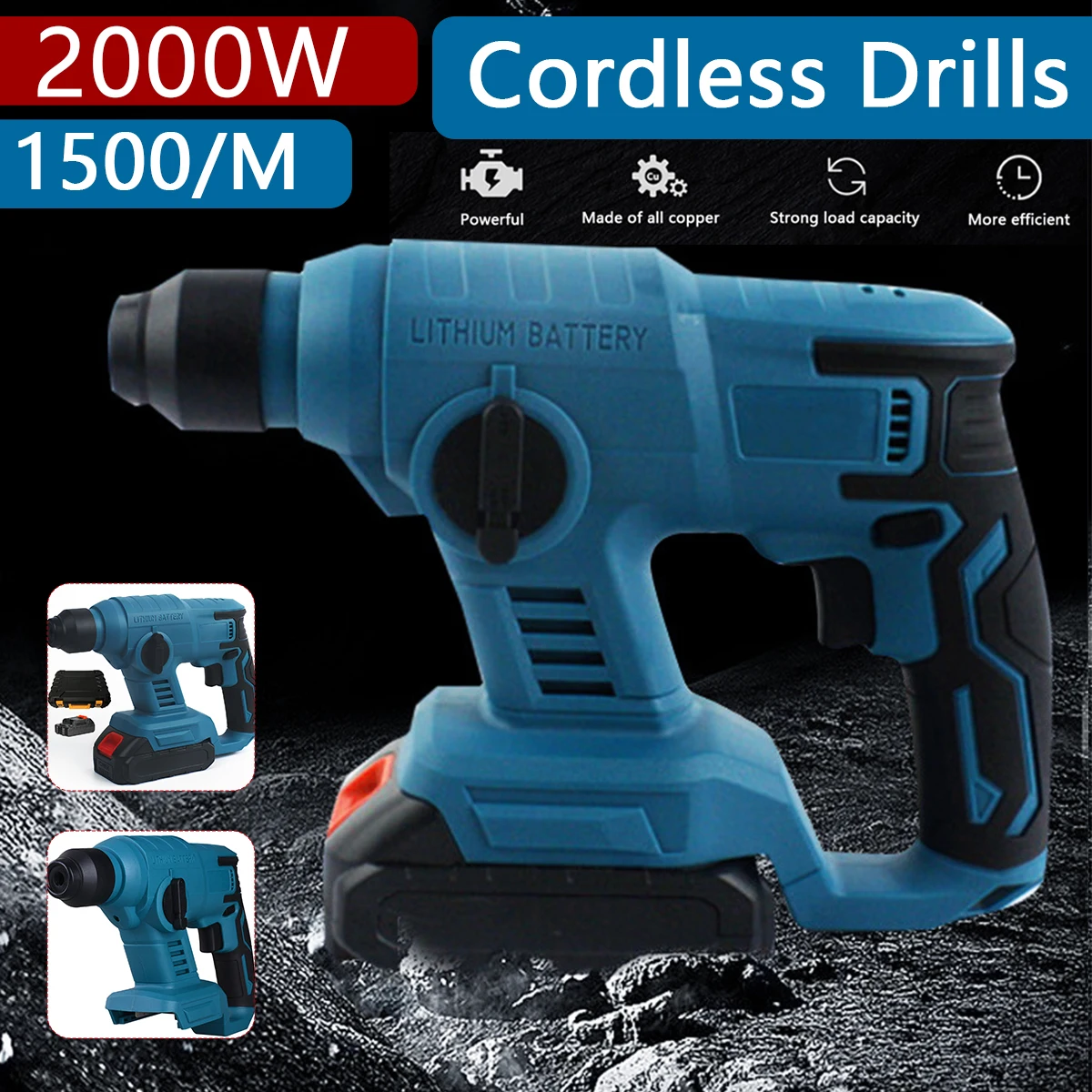 

Cordless Electric Drill Rotary Hammer Heavy-duty Impact Hammer Drill 0-3000RPM 3 Functions Variable Speed Electric Hammer Drill