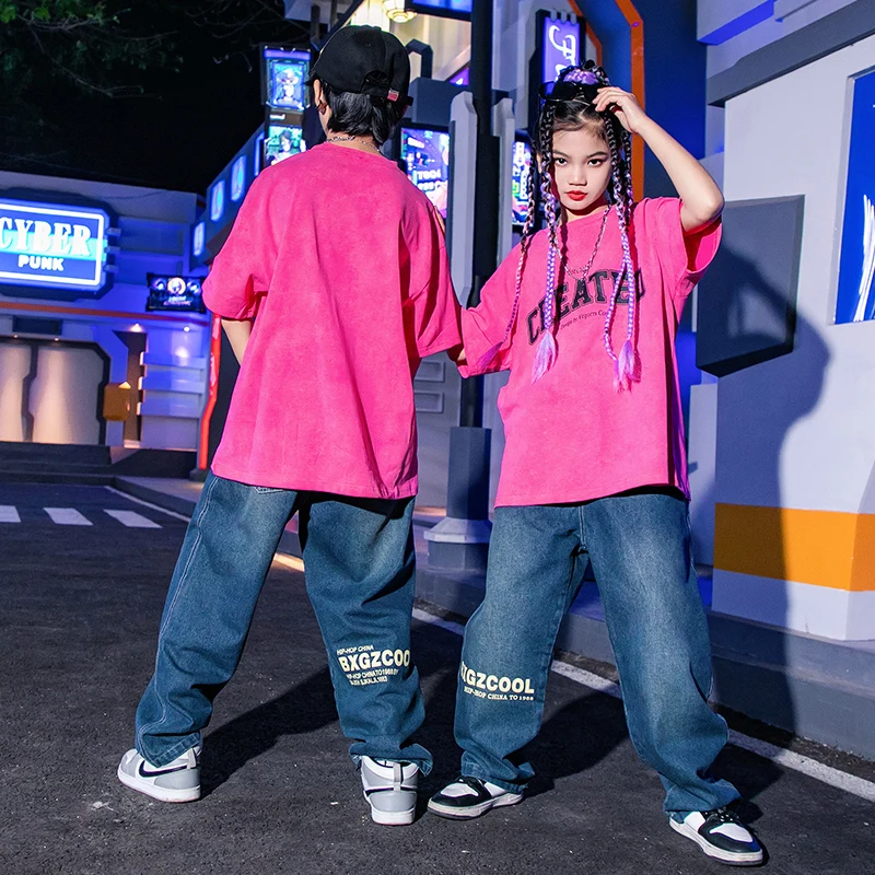 Детская одежда для сцены в стиле хип-хоп футболка с розами топы уличная джинсовые