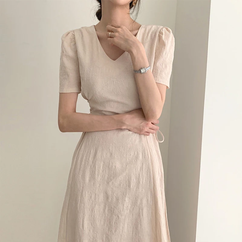 

Summer French Style V-Neck Slim Fit Slim Side Strap Waist Wrapped Mid Length Short Sleeve Dress Women Formal Occasion Dresses