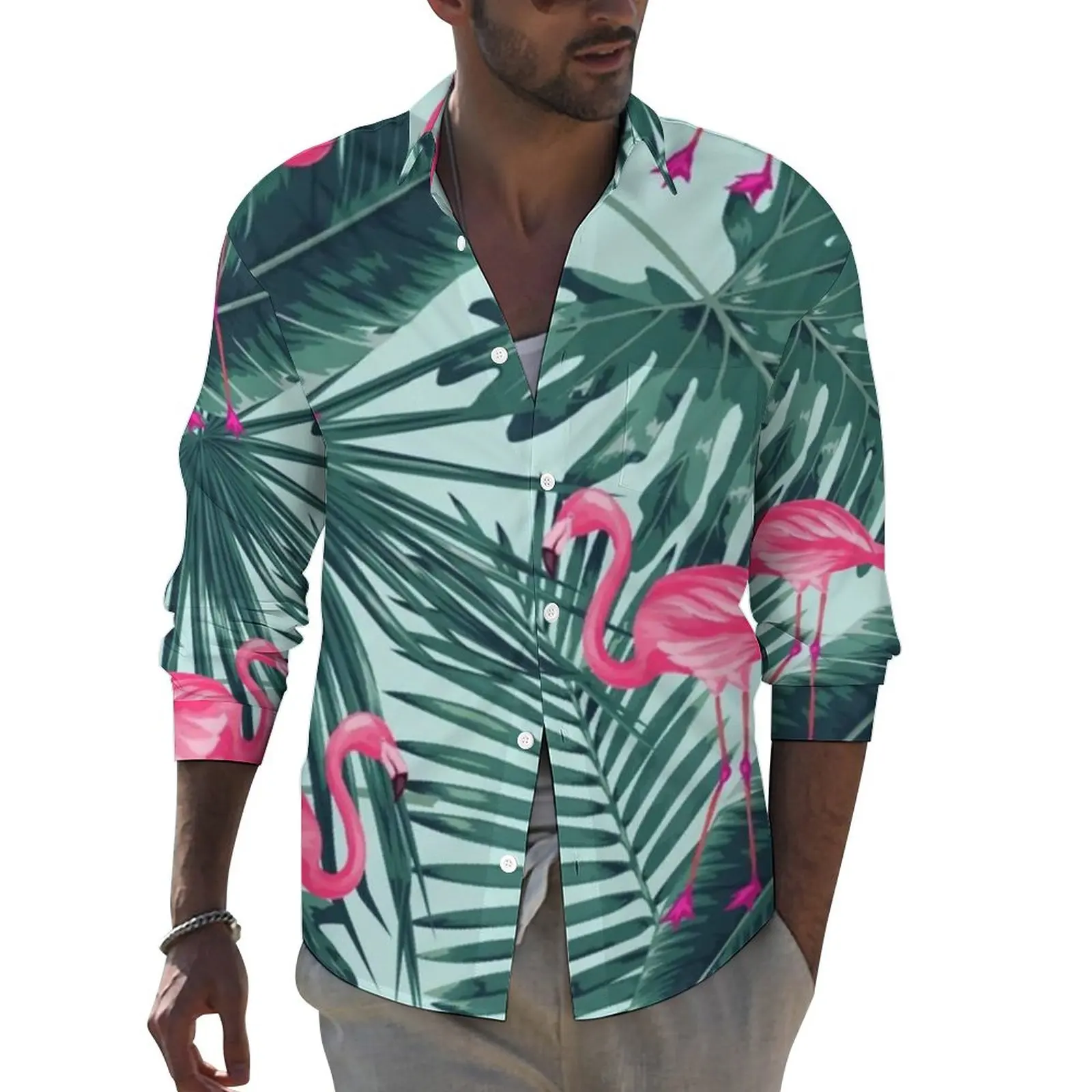 

Повседневные рубашки с абстрактным фотографическим принтом пальмовых листьев, уличные блузки на заказ с длинным рукавом, Весенняя трендовая Одежда большого размера