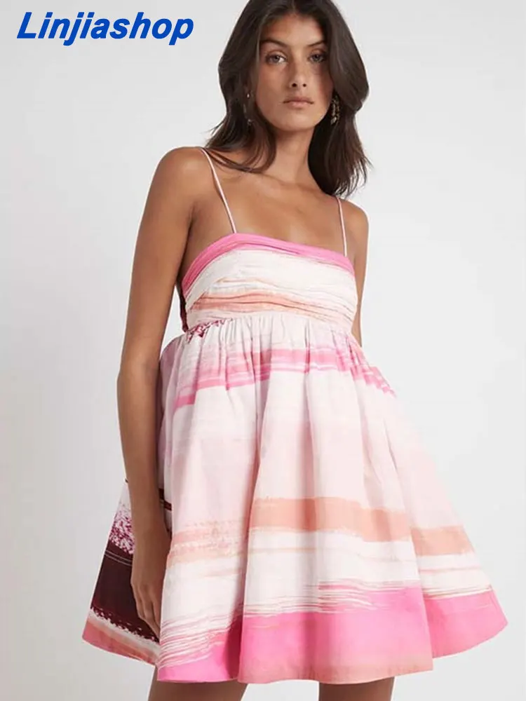

Summer women mini dress ruched slash collar tie dye striped print sling dress sexy tie bow backless holiday robe 2022514