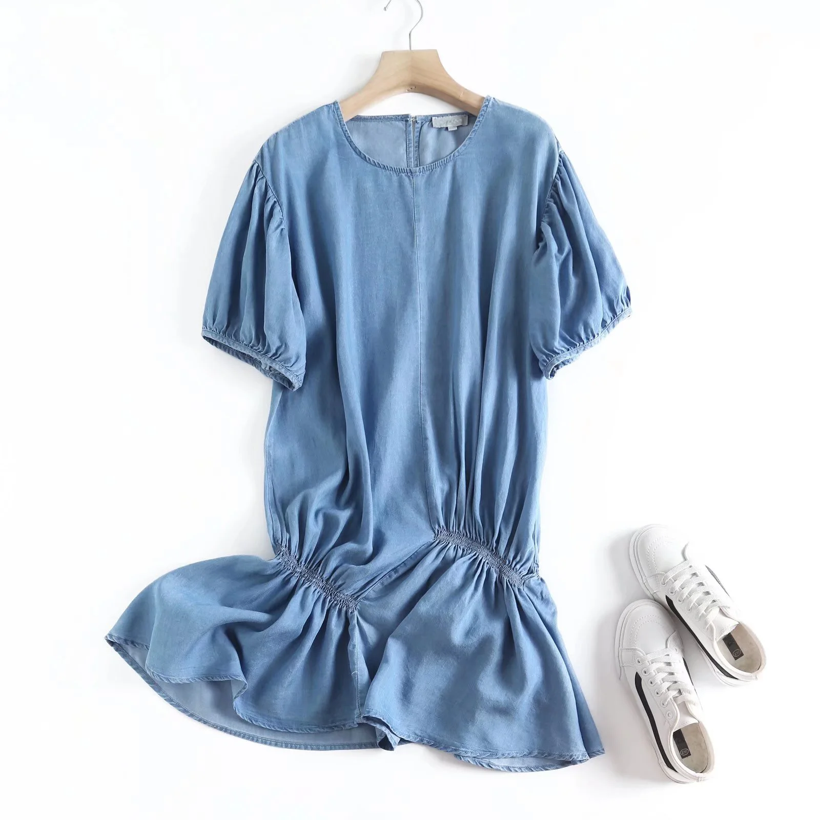 

Low Waist Mini Jeans Dress Women O Neck Short Sleeve Summer Denim Dress Casual Cotton Draped Dress Vestidos Mujer