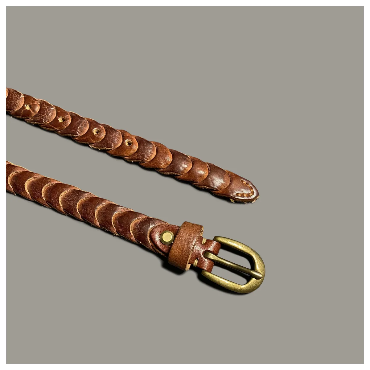 

Japanese handmade women's thin narrow denim casual leather belt retro copper buckle fashion Joker belt brown