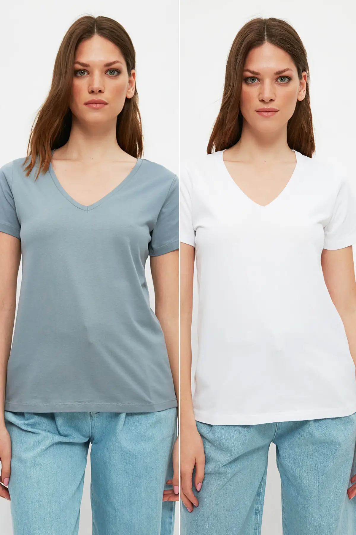 

Trendyol Black and White 100 Cotton V-Neck 2'li Package Knitted T-Shirt TWOSS20TS0142