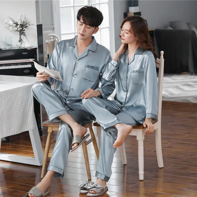 1 Spring couple silk long sleeve pajamas woman solid color ice silk autumn style home wear cardigan men's suit