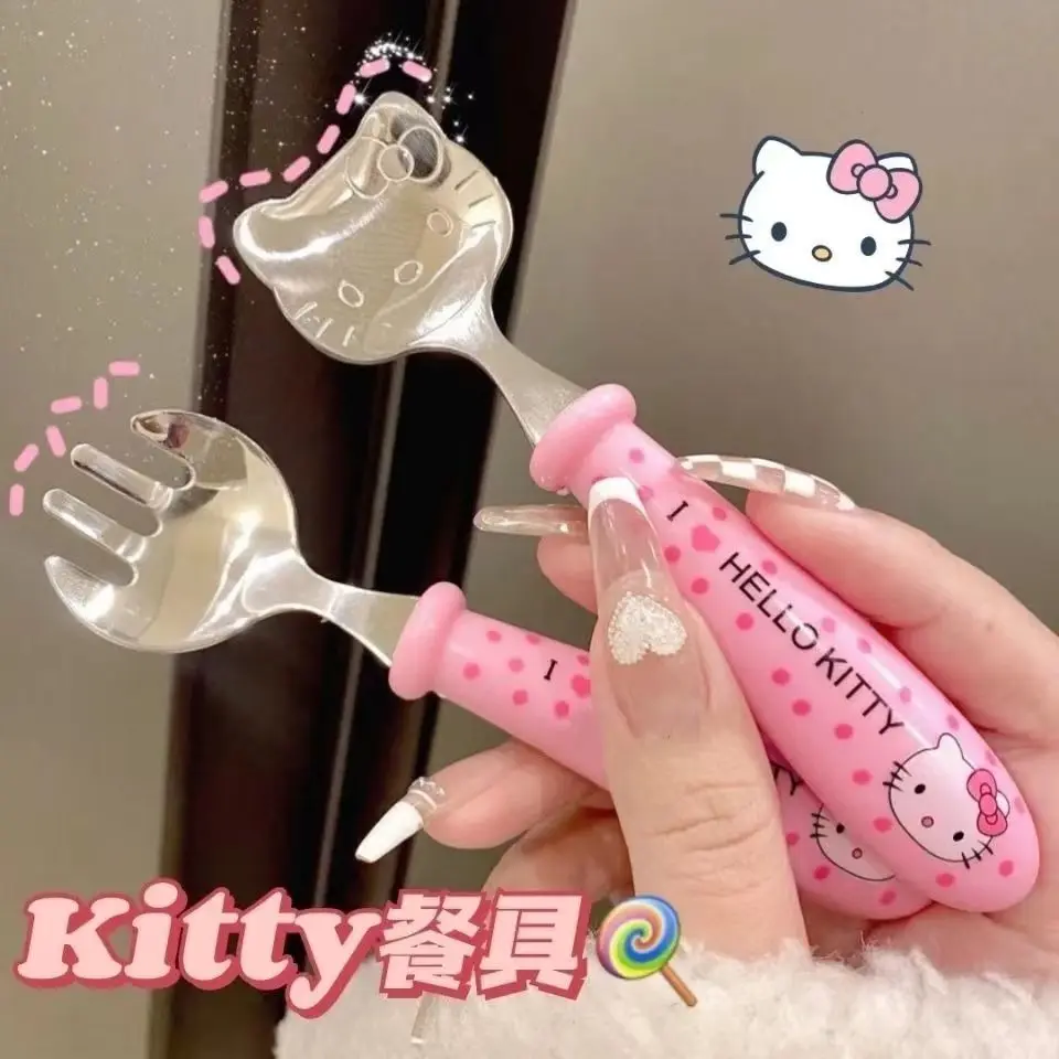 

2022 Kawaii Sanrio Spoon Fork Hello Kittys Cute Beauty Tableware Set Portable Travel Box Pink Spoon Children Toys for Girls Gift