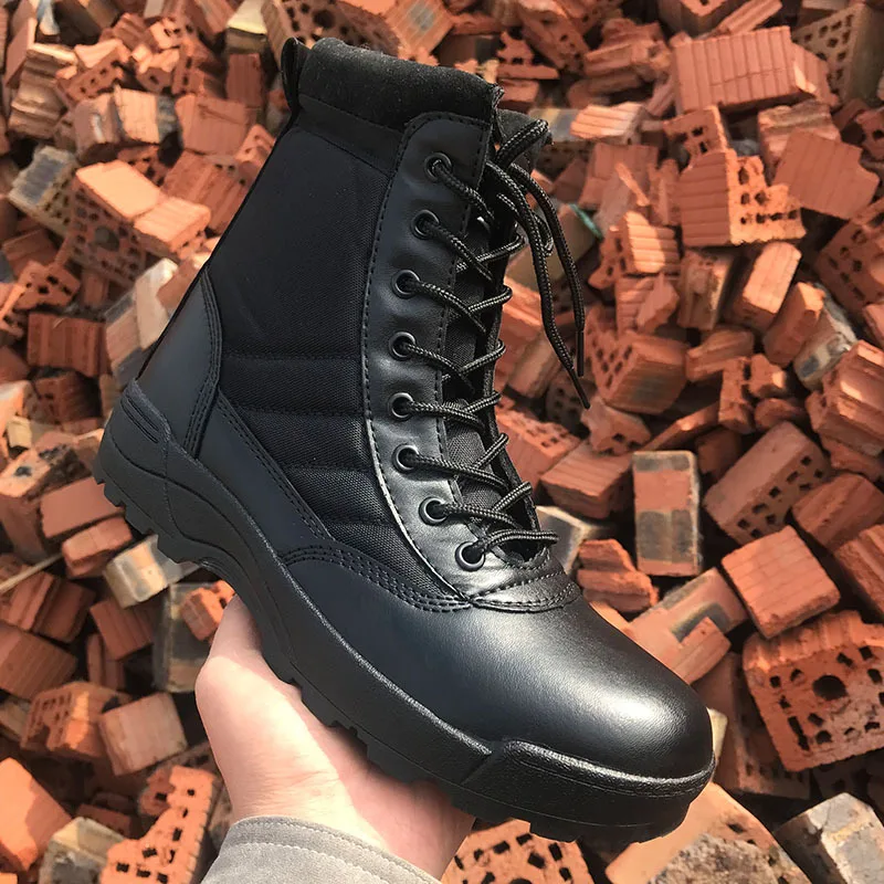

Black Leather Tactical Army Boot Khaki Waterproof Oxford Cloth High Gang Shoes Men's Outdoor Combat Boots Desert Tactical Shoe