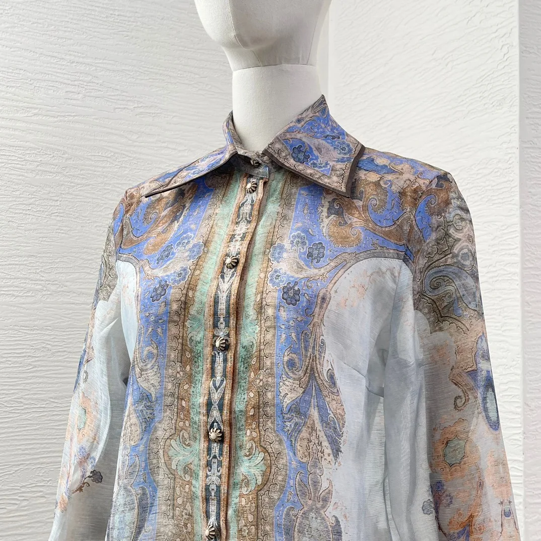 2024 хит продаж осенняя синяя блузка с длинными рукавами и принтом пейсли комплект