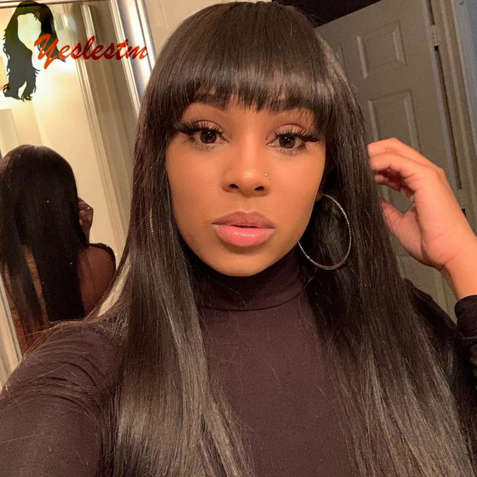 

Парик из человеческих волос с челкой, 8-26 дюймов, неповрежденные индийские человеческие волосы, парики для чернокожих женщин, парики с бахро...